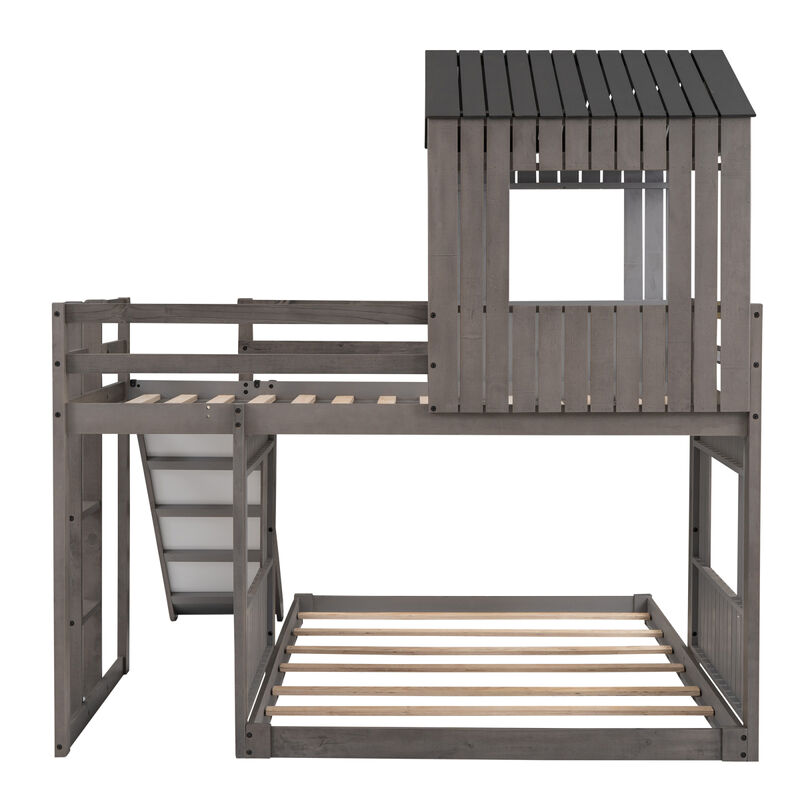 Wooden Twin Over Full Bunk Bed, Loft Bed With Playhouse, Farmhouse, Ladder, Slide And Guardrail