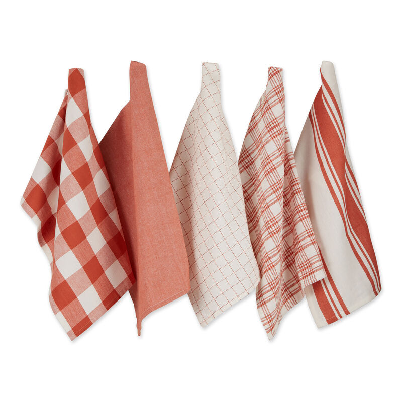 Set of 5 Assorted Vintage Red and White Everyday Dish Towel  28"