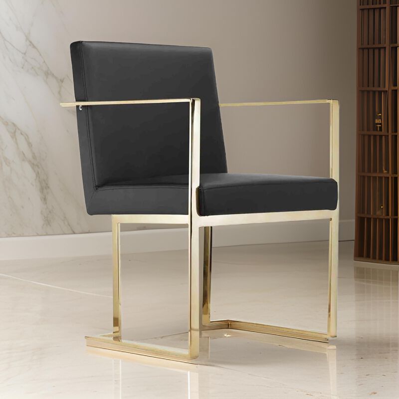 Boly 24 Inch Dining Armchair, Plush Black Faux Leather, Gold Cantilever  - Benzara
