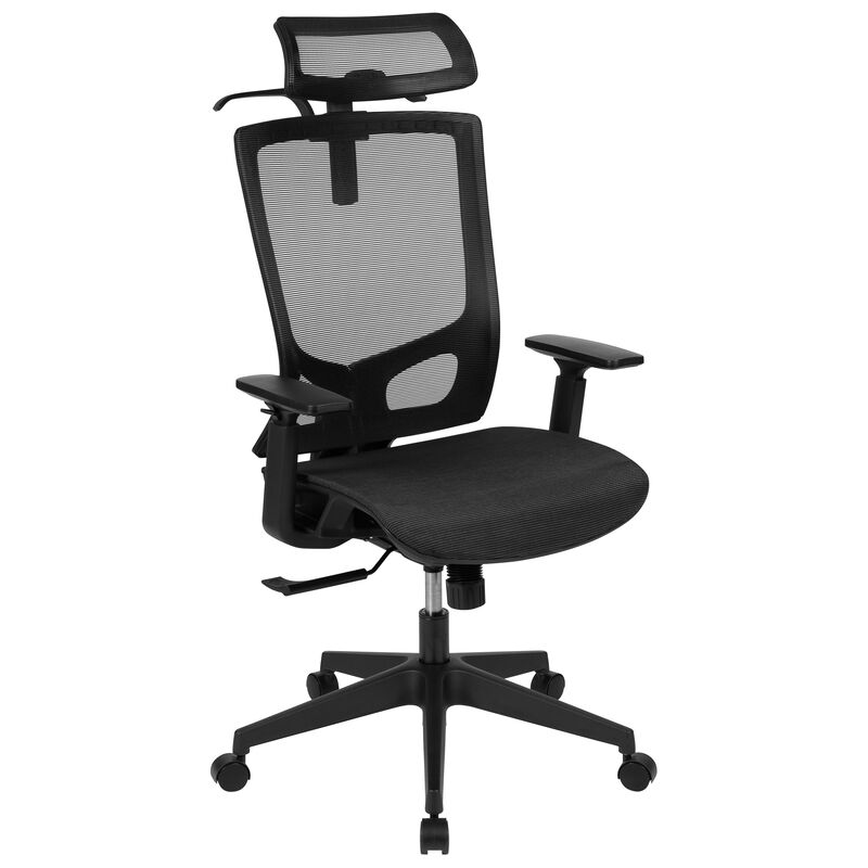 Layla Ergonomic Mesh Office Chair with Synchro-Tilt, Pivot Adjustable Headrest, Lumbar Support, Coat Hanger and Adjustable Arms in Black