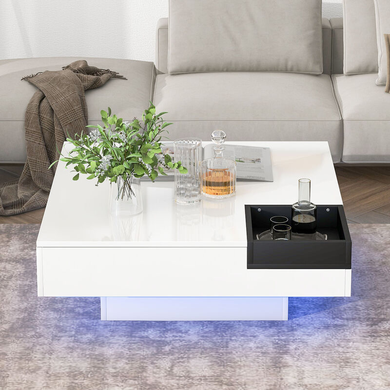 Merax Square Coffee Table with Detachable Tray and Plug-in 16-color LED Strip Lights Remote Control for Living Room