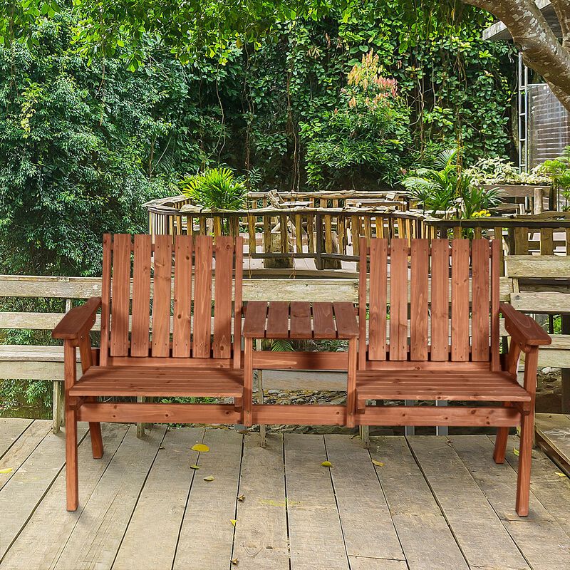 Orange Patio Love Seat: Wooden Bench with Center Table & Umbrella Hole