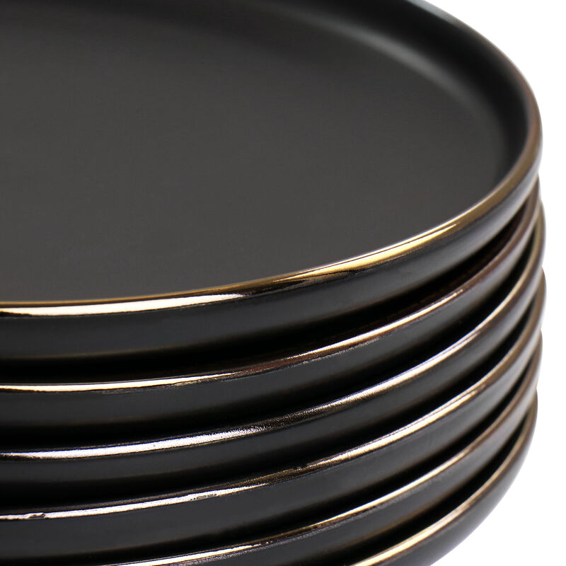 Elama Paul 6 Piece Stoneware Salad Plate Set in Matte Black with Gold Rim