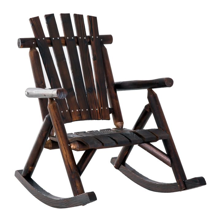 Carbonized Color Wooden Rustic Rocking Chair: Indoor Outdoor Adirondack Log Rocker with Slatted Design for Patio, Lawn