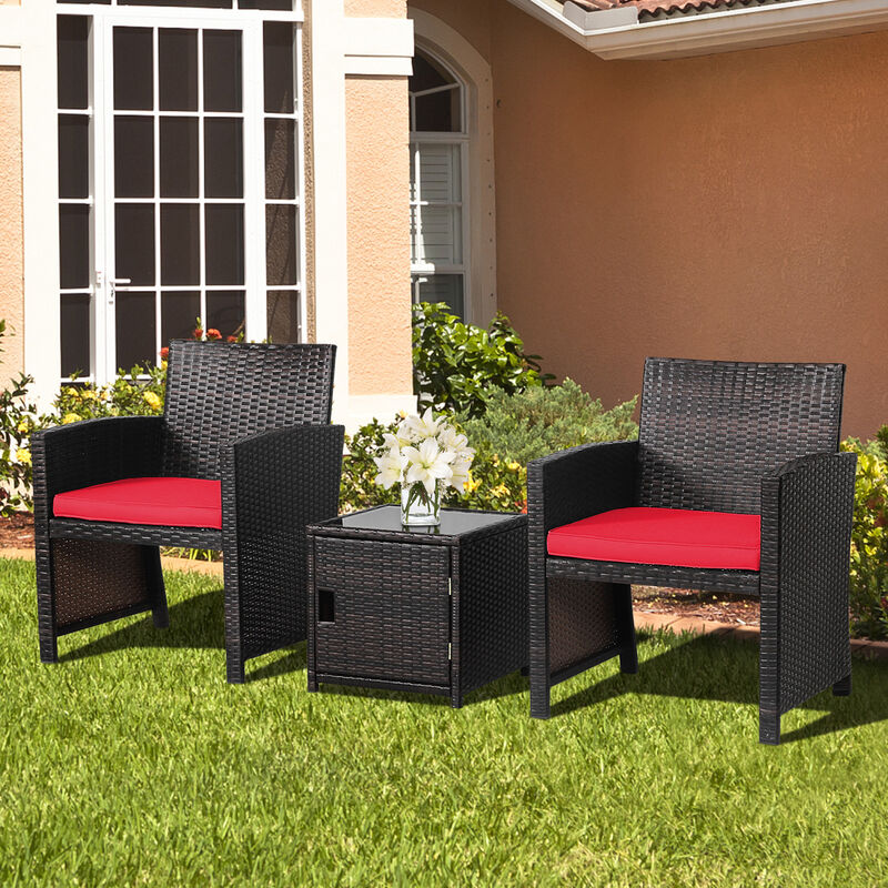 3-Piece Patio Wicker Furniture Set with Storage Table and Protective Cover - Red