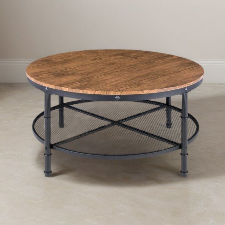 Hivvago FarmHome Industrial Wood Steel Coffee Table 2-Tier Round with Storage Shelves