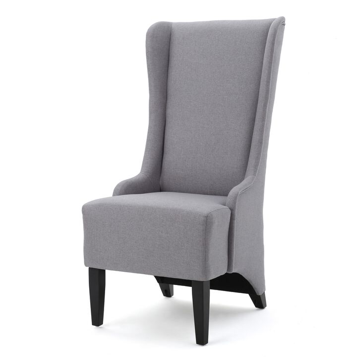 Becca Dining Chair, High Wingback Brown Birch Wood, Light Gray Fabric - Benzara