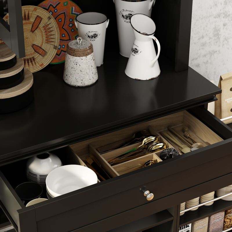 Black Painted Accent Storage Cabinet, Sideboard with Framed Transparent Doors, Drawer, Adjustable Shelves and Hutch