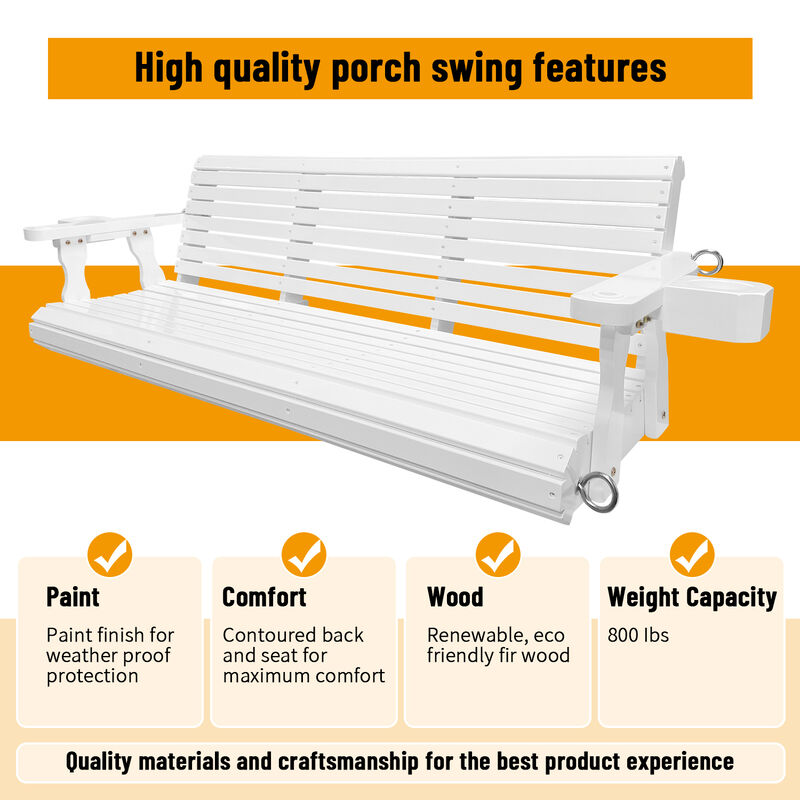 Wooden Porch Swing 3-Seater, Bench Swing with Cupholders, Hanging Chains and 7mm Springs, Heavy Duty 800 LBS, for Outdoor Patio Garden Yard (White - 5 feet)