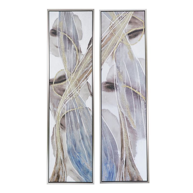 20 x 71 Tall Framed Rectangular Oil Paintings Set of 2, White Abstract - Benzara