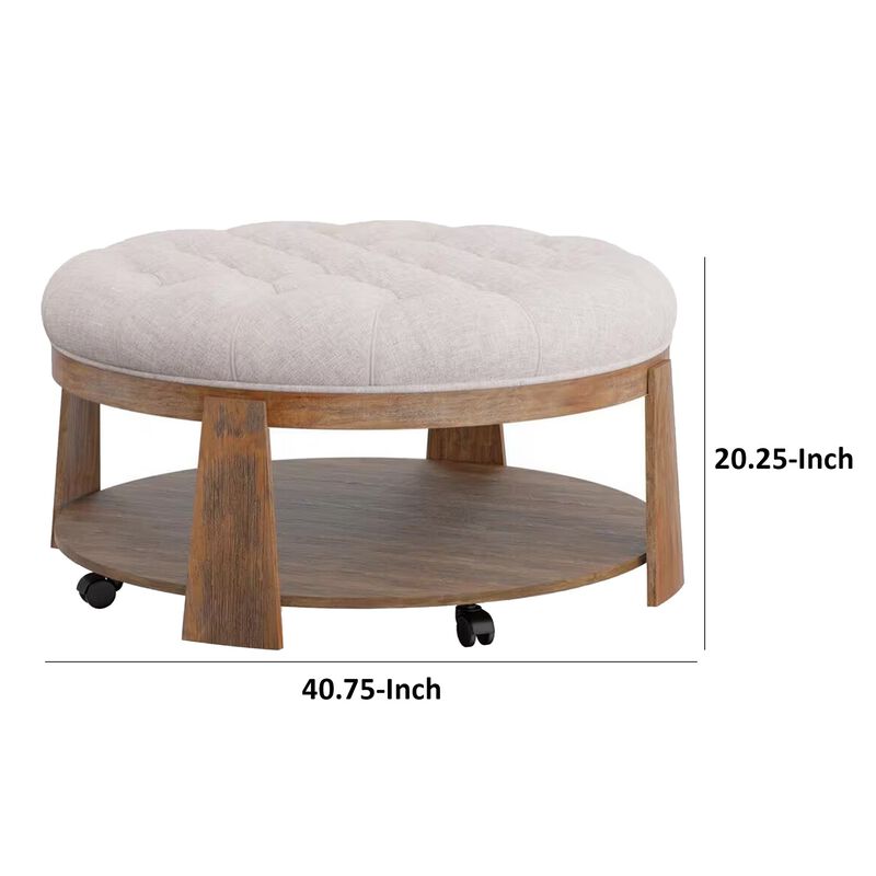Gus 41 Inch Ottoman Coffee Table, Button Tufted Beige Fabric, Brown Wood - Benzara