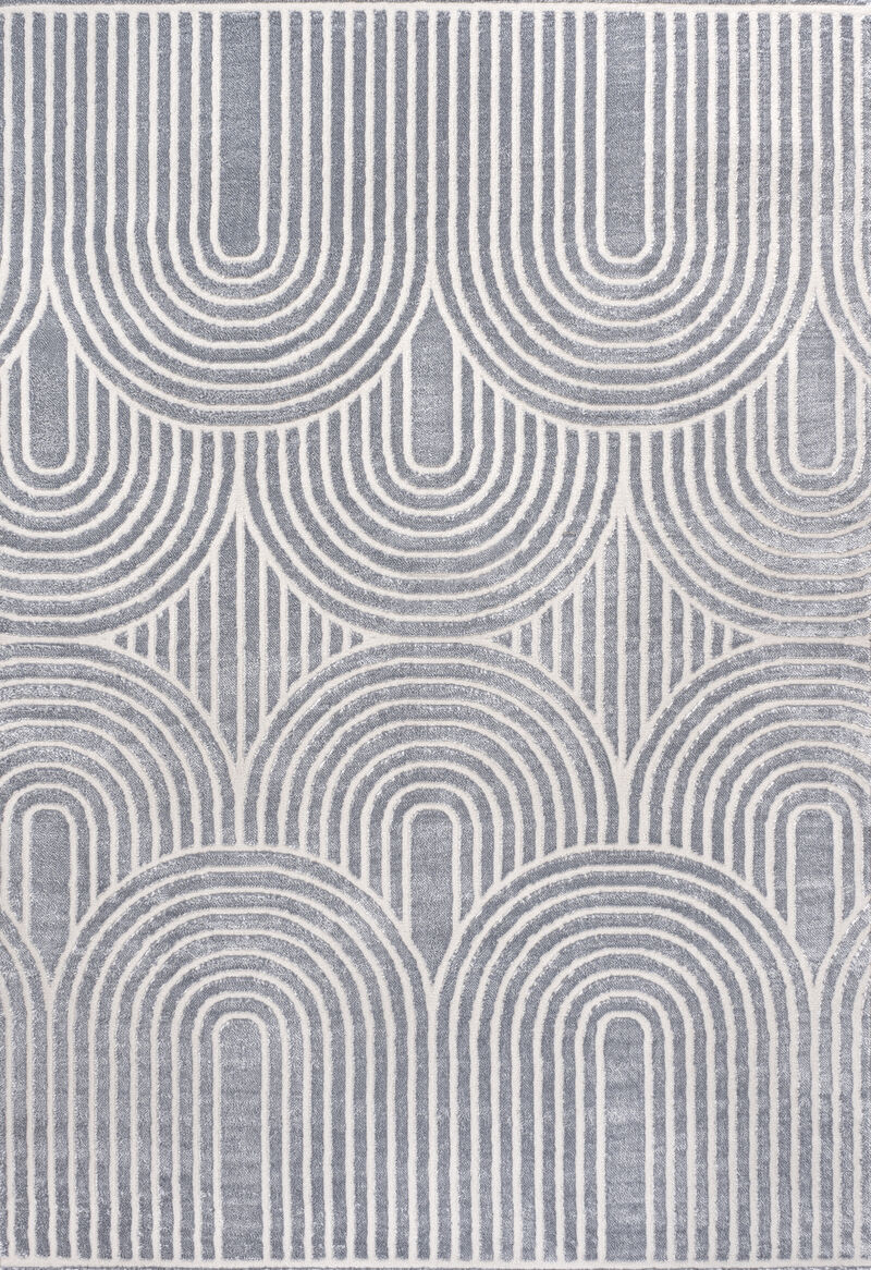Ariana MidCentury Art Deco Striped Arches Two-Tone High-Low Blue/White 5x8 Area Rug