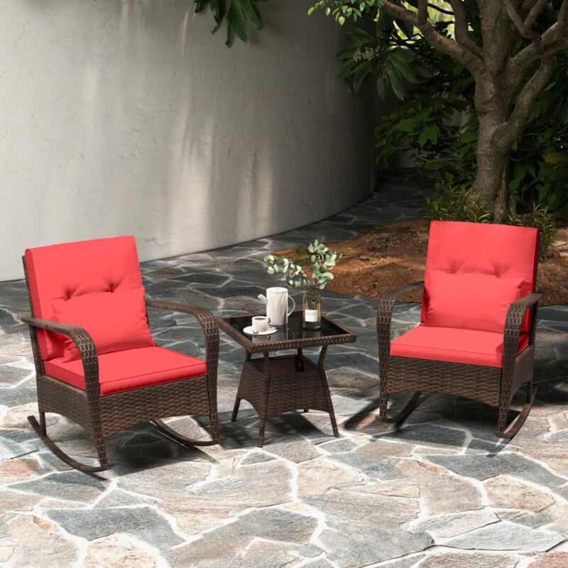 Hivvago 3 Pieces Outdoor Rocking Set with Tempered Glass Coffee Table for Backyard Poolside