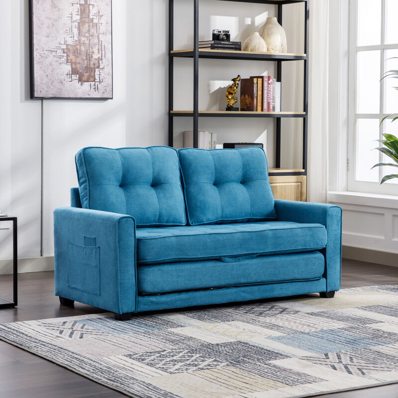 59.4" Loveseat Sofa with Pull-Out Bed Modern Upholstered Couch with Side Pocket for Living Room Office, Blue