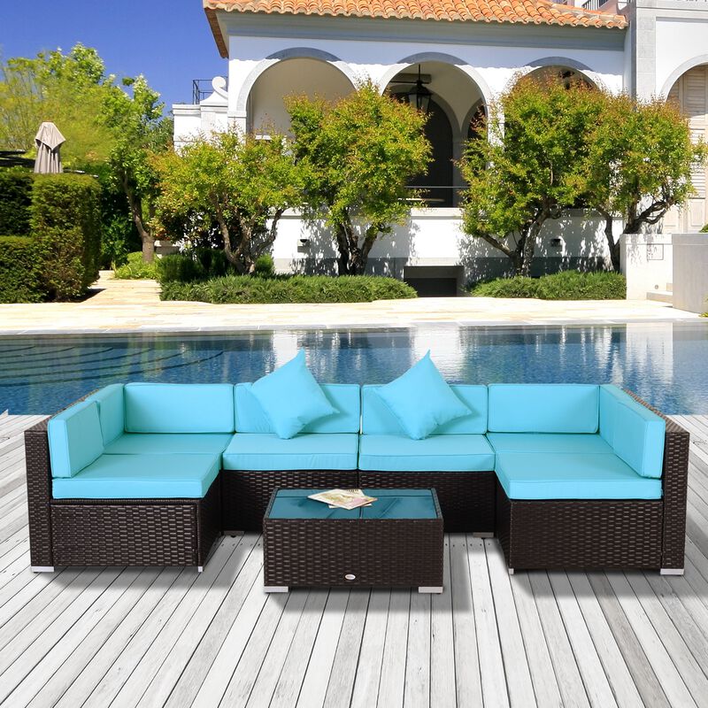 Turquoise Terrace Set: 7-Piece Wicker Patio Set with Glass Table