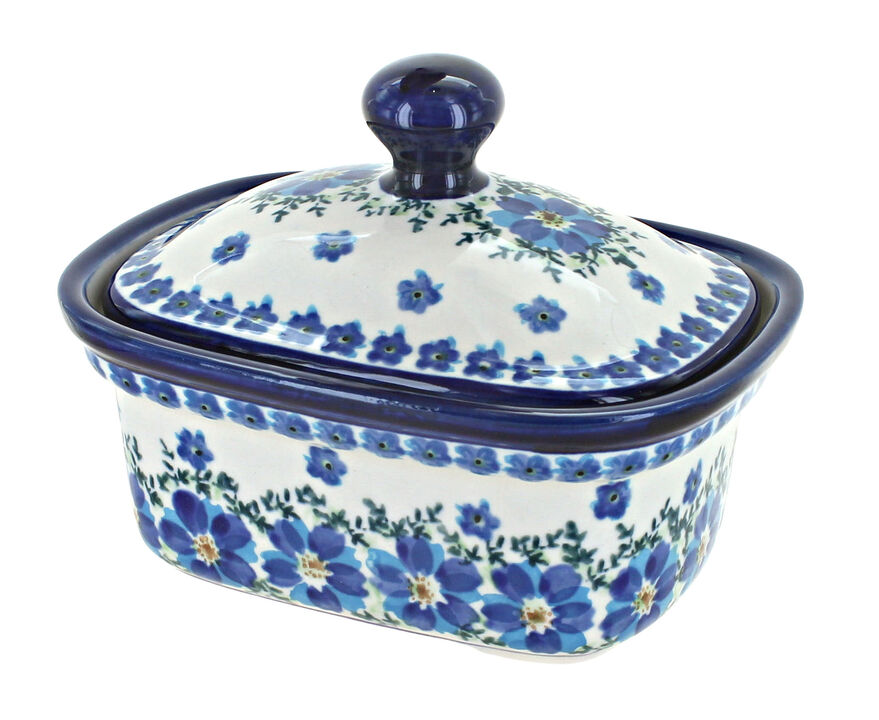 Blue Rose Polish Pottery Porcelain Vine Butter Tub