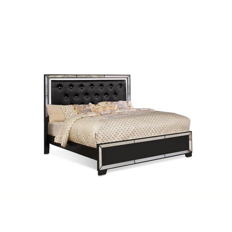 Eli Crystal Tufted Queen Bed, LED, Mirrored Inlays, Wood, Velvet, Black-Benzara