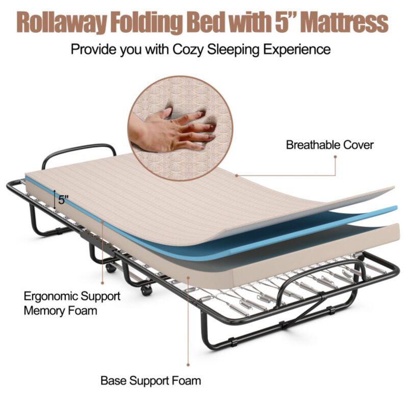 Rollaway Guest Bed with Sturdy Steel Frame and Wheels