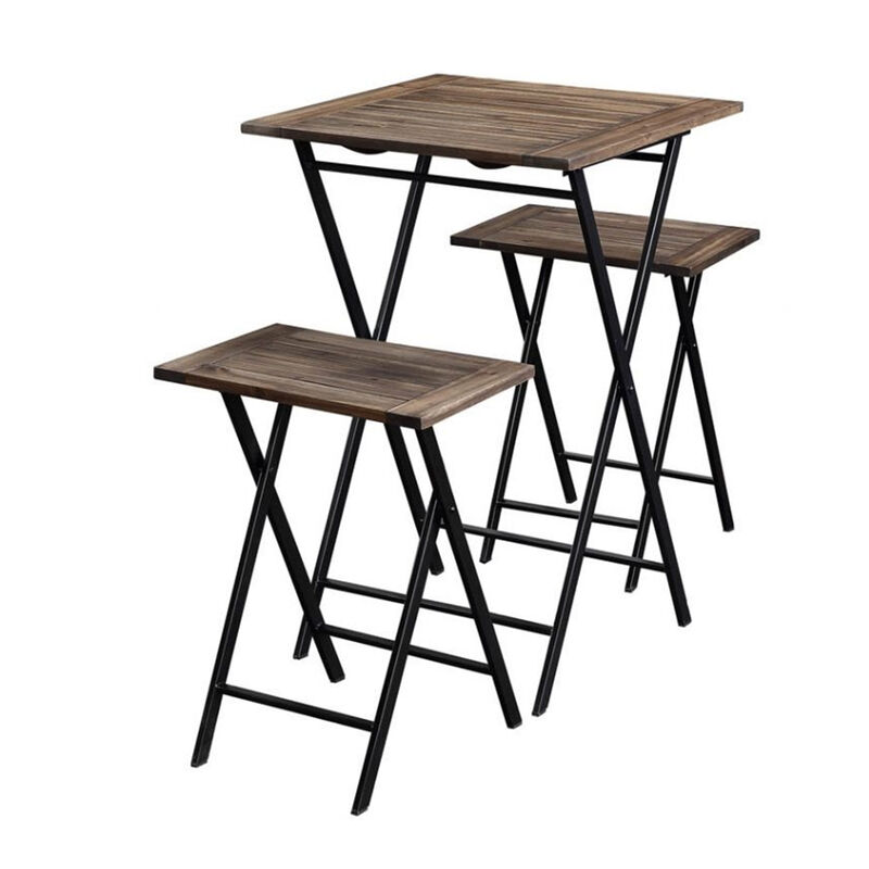 3 Piece Foldable Wood and Metal Dining Set with X Frame Leg,Brown and Black-Benzara