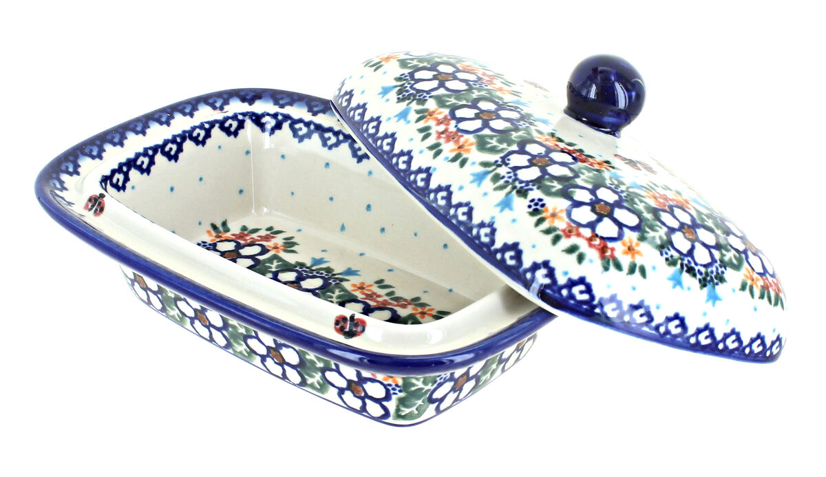 Blue Rose Polish Pottery Garden Butterfly Butter Tub