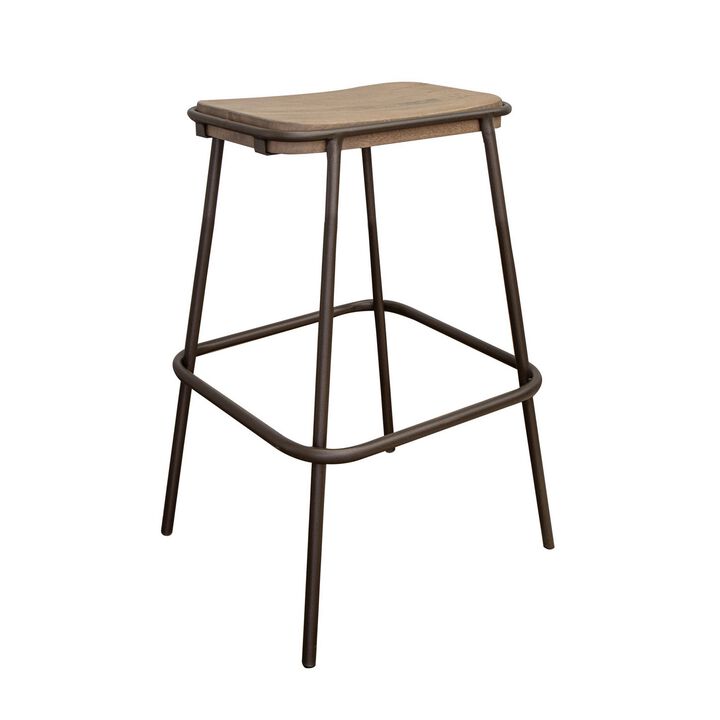 Umey 24 Inch Counter Stool, Footrest, Metal Frame, Solid Brown Mango Wood - Benzara