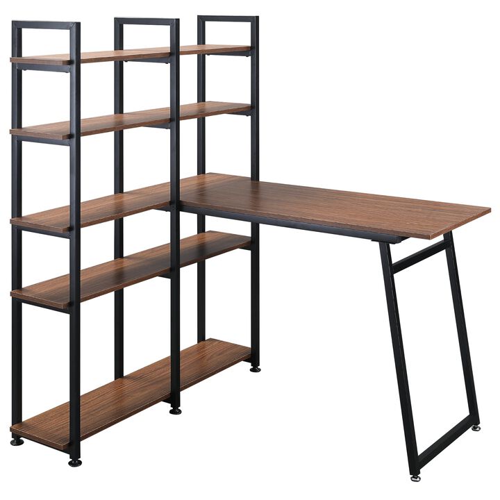 5 Tier Versatile L-Shaped Computer Desk Writing Table with Display Shelves and Metal Frame, Space-Saving, for Study Room Black/Walnut