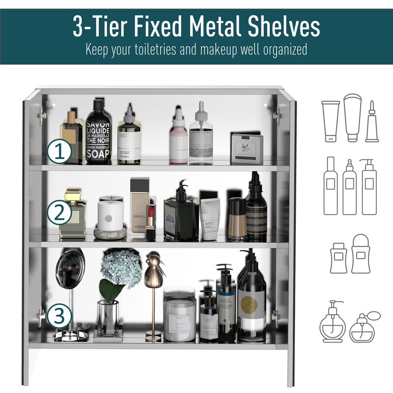 Bathroom Mirror Cabinet, Bathroom Medicine Cabinet with 3-Tier Fixed Metal Shelves and Stainless Steel for Bathroom, Mirror Cabinet, Silver