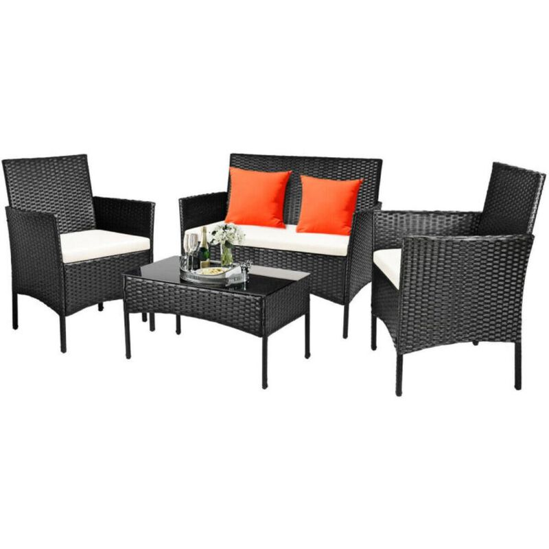 Hivvago 4 Pieces Patio Rattan Cushioned Sofa Set with Tempered Glass Coffee Table