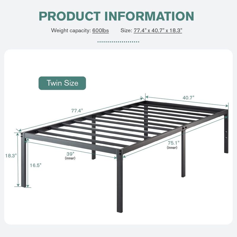 QuikFurn Twin 18-inch High Metal Platform Bed Frame with Under-bed Storage Space