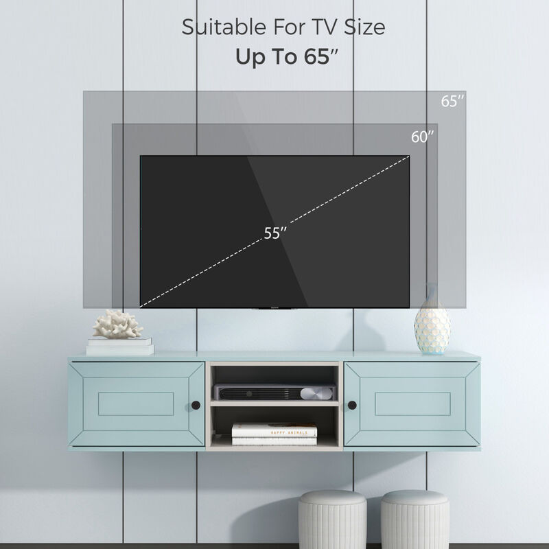 Wall Mounted 65" Floating TV Stand with Large Storage Space, 3 Levels Adjustable shelves, Magnetic Cabinet Door, Cable Management