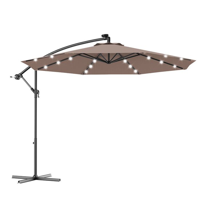 10 Feet Patio Hanging Solar LED Umbrella Sun Shade with Cross Base