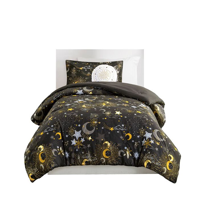 Gracie Mills Dervan Celestial Dreams Starry Sky Metallic Comforter Set with Enchanting Throw Pillow