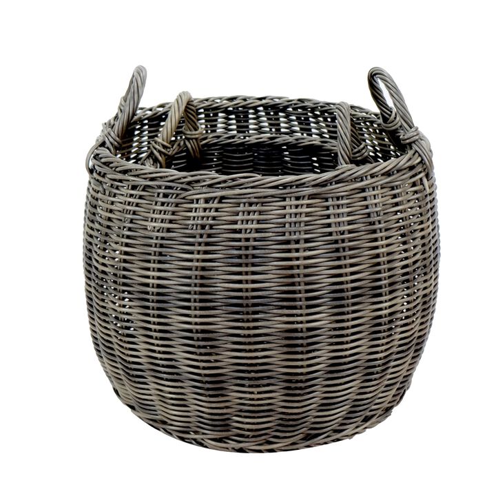 Storage and Laundry Basket Set of 2, Round Handles, Hand Woven Wicker, Gray - Benzara