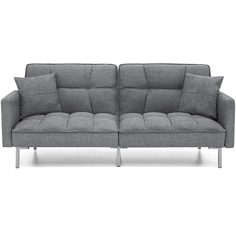 Modern Grey Linen Split Back Futon Sofa Bed Couch