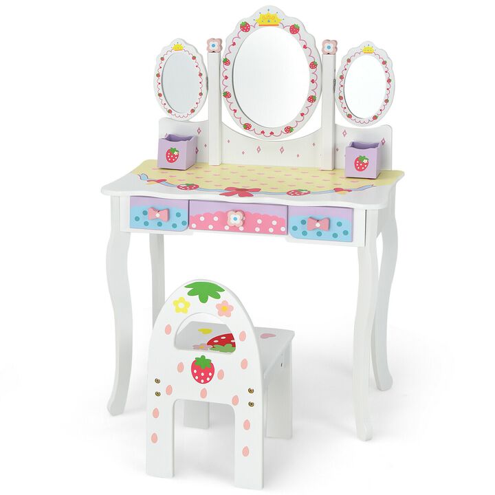 Kids Vanity Princess Makeup Dressing Table Chair Set with Tri-fold Mirror