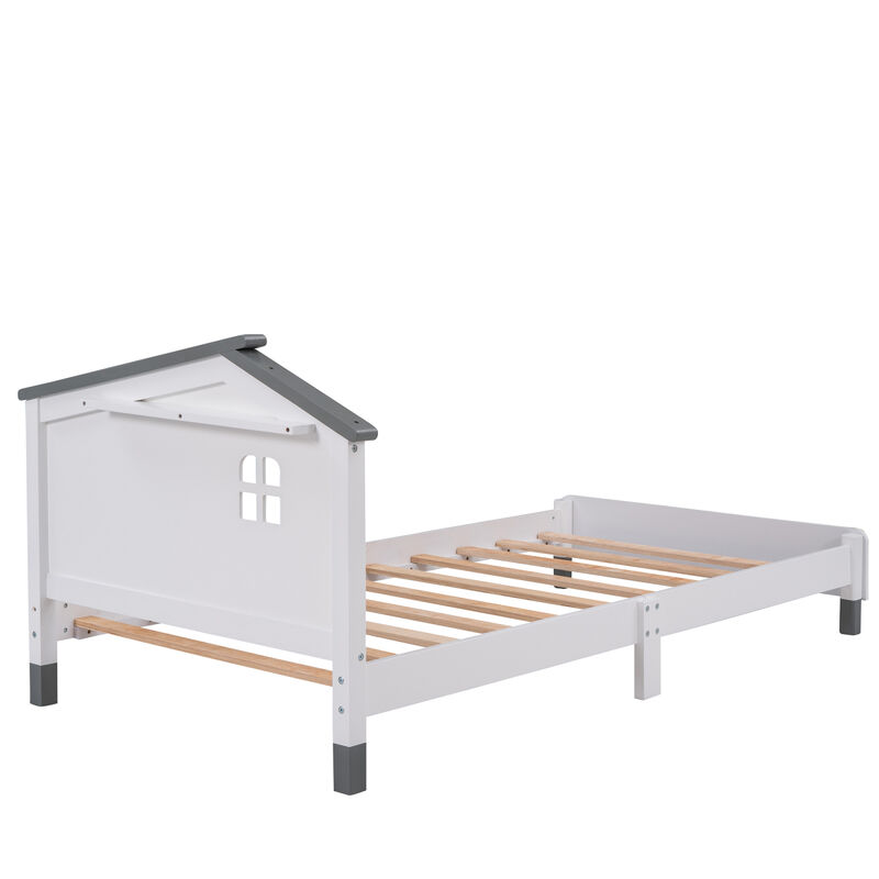Twin Size Wood Platform Bed with House-shaped Headboard (White+Gray)
