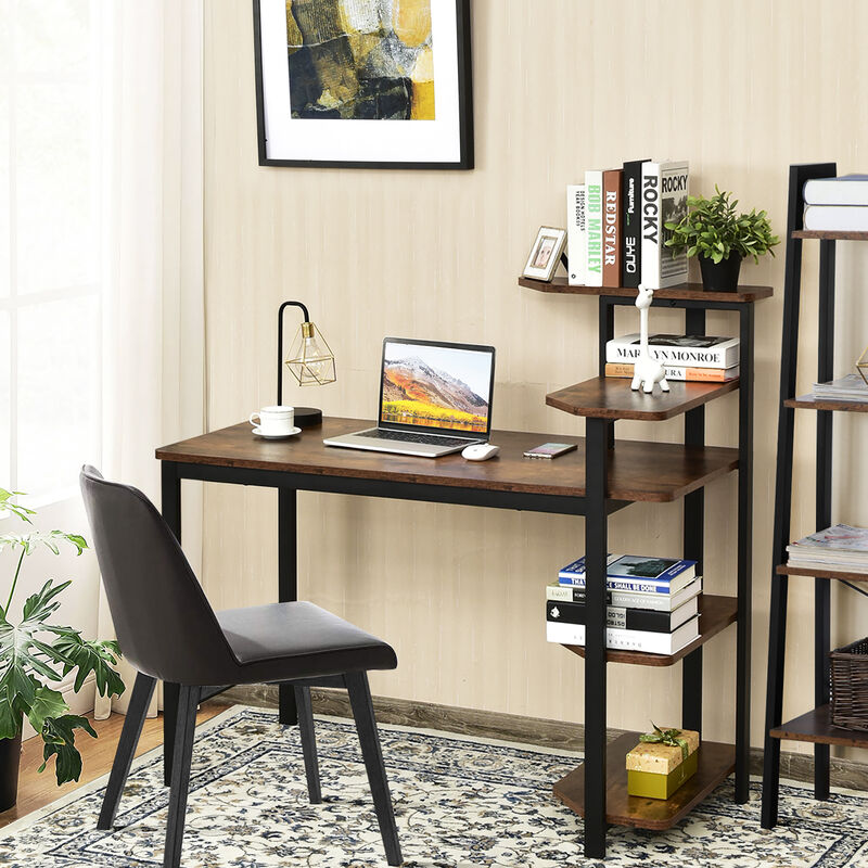 Costway Computer Desk Writing Study Table with Storage Shelves Home Office Rustic Brown