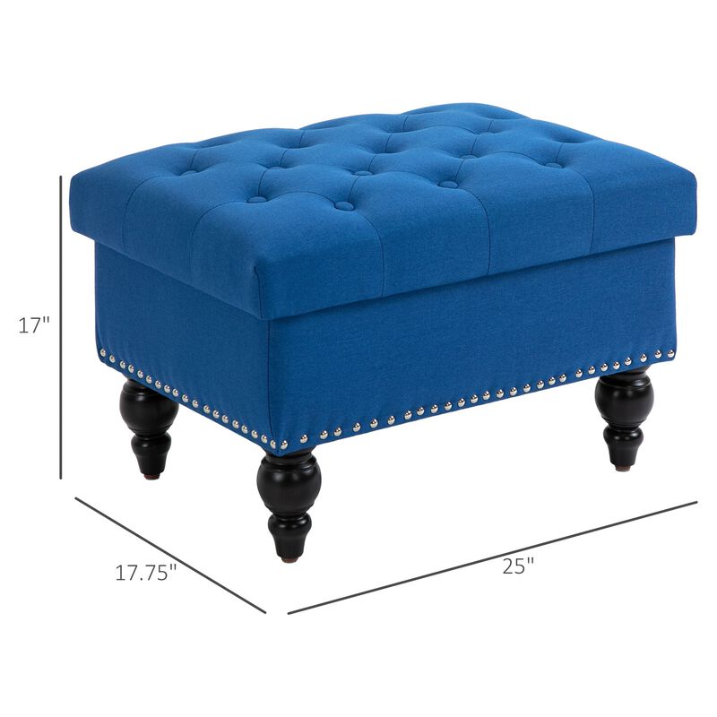 Blue Versatile Seating: 25" Tufted Storage Ottoman with Wood Legs