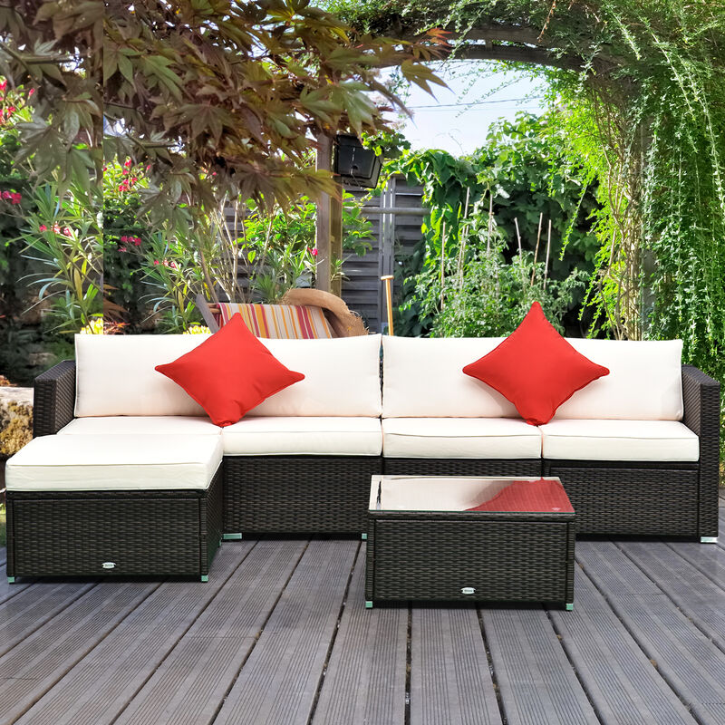 Outsunny 6 Pieces Outdoor PE Rattan Sofa Set, Sectional Conversation Wicker Patio Couch Furniture Set with Cushions and Coffee Table, White