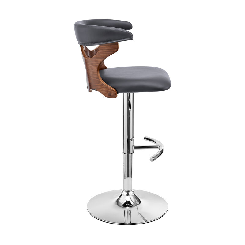 Ruth Adjustable Swivel Grey Faux Leather and Walnut Wood Stool with Chrome Base