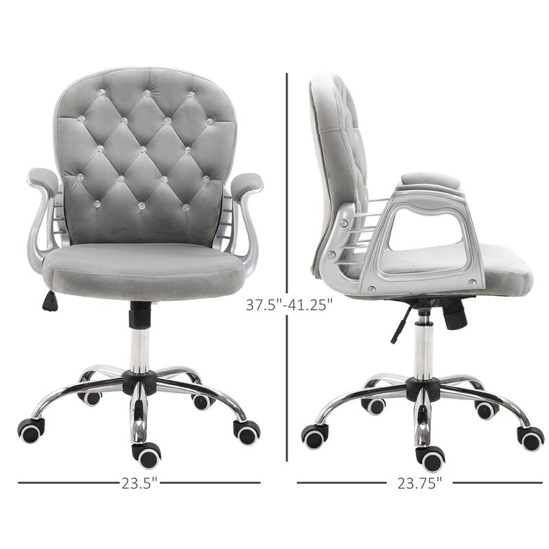 Grey Swivel Chair with Faux Diamond - Elegant and adjustable office chair with tufted backrest and faux diamond accents.
