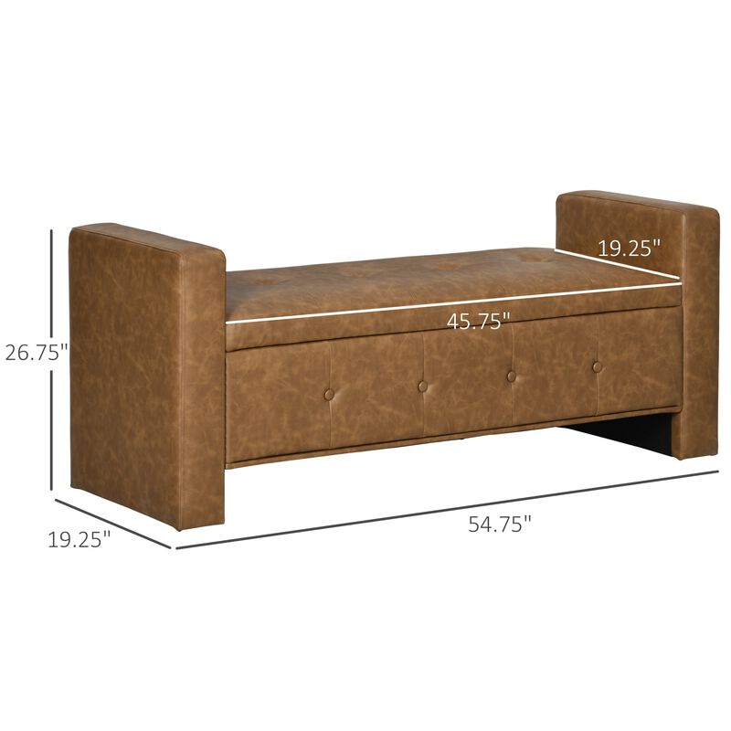 Brown Leather Ottoman: Rectangular Storage Bench with Tufted Lid