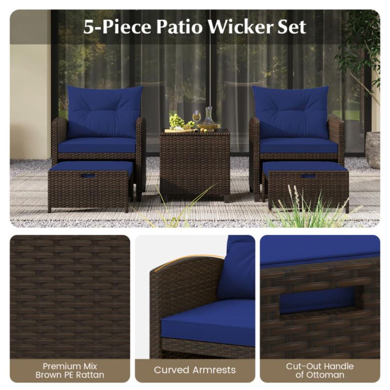 Hivvago 5 Pieces Patio Rattan Furniture with 2 Ottomans and Tempered Glass Coffee Table