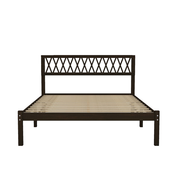 FUFU&GAGA  Returnlov Cherry Solid Wood Bed Frame with Acacia Legs and Plywood Slats, Vintage Style Platform Bed without Box Spring, Classic Wood Headboard (83.8 in. L x 63.2 in. W x 41.1 in. H), Cherry