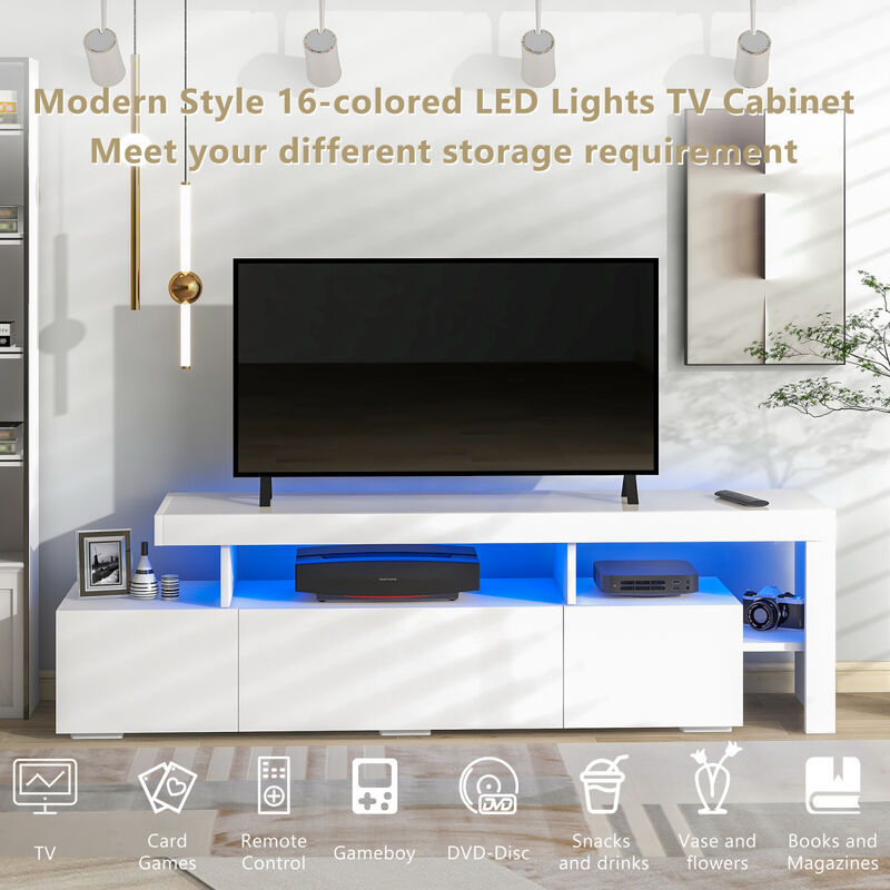 ON-TREND Modern Style 16-colored LED Lights TV Cabinet, UV High Gloss Surface Entertainment Center with DVD Shelf, Up to 70 inch TV