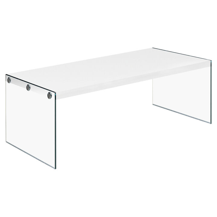 Monarch Specialties I 3286 Coffee Table, Accent, Cocktail, Rectangular, Living Room, 44"L, Tempered Glass, Laminate, Glossy White, Clear, Contemporary, Modern