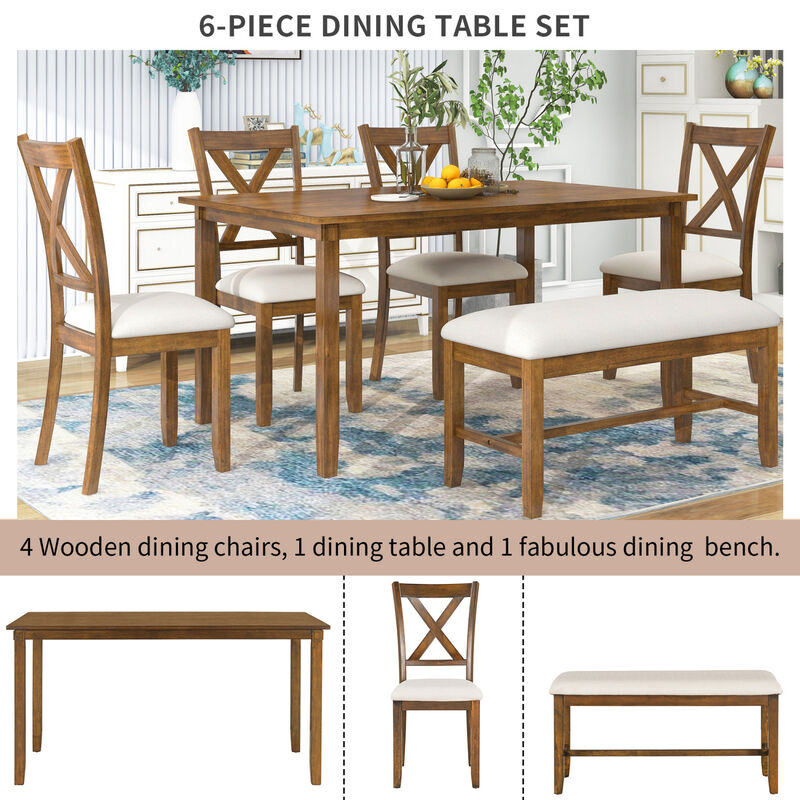 6-Piece Kitchen Dining Table Set Wooden Rectangular Dining Table, 4 Fabric Chairs and Bench