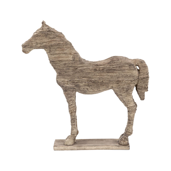 20 Inch Accent Decor Figurine Polyresin Standing Horse, Natural Wood Finish - Benzara