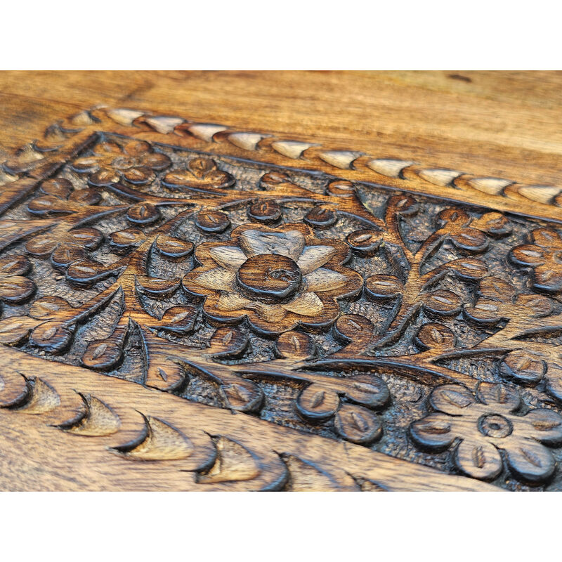 21 Inch Boho Side End Table, Floral Carved Details, Foldable Panel Legs, Natural Walnut Brown - Benzara
