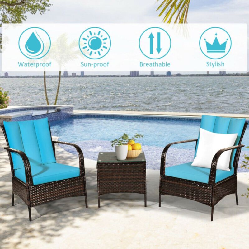 3 Pcs Patio Conversation Rattan Furniture Set with Glass Top Coffee Table and Cushions